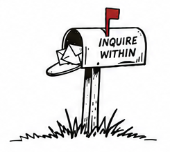Hand-drawn mailbox with red flag and the words Inquire Within